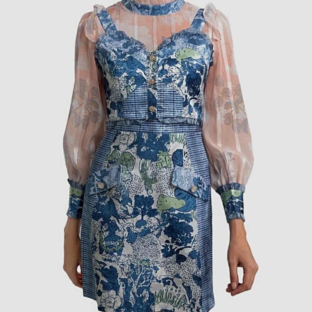 BNWT BURRYCO 2 piece  BLUES/WHITE/PEACH PRINT-DRESS-EMBELLISHED BUTTONS